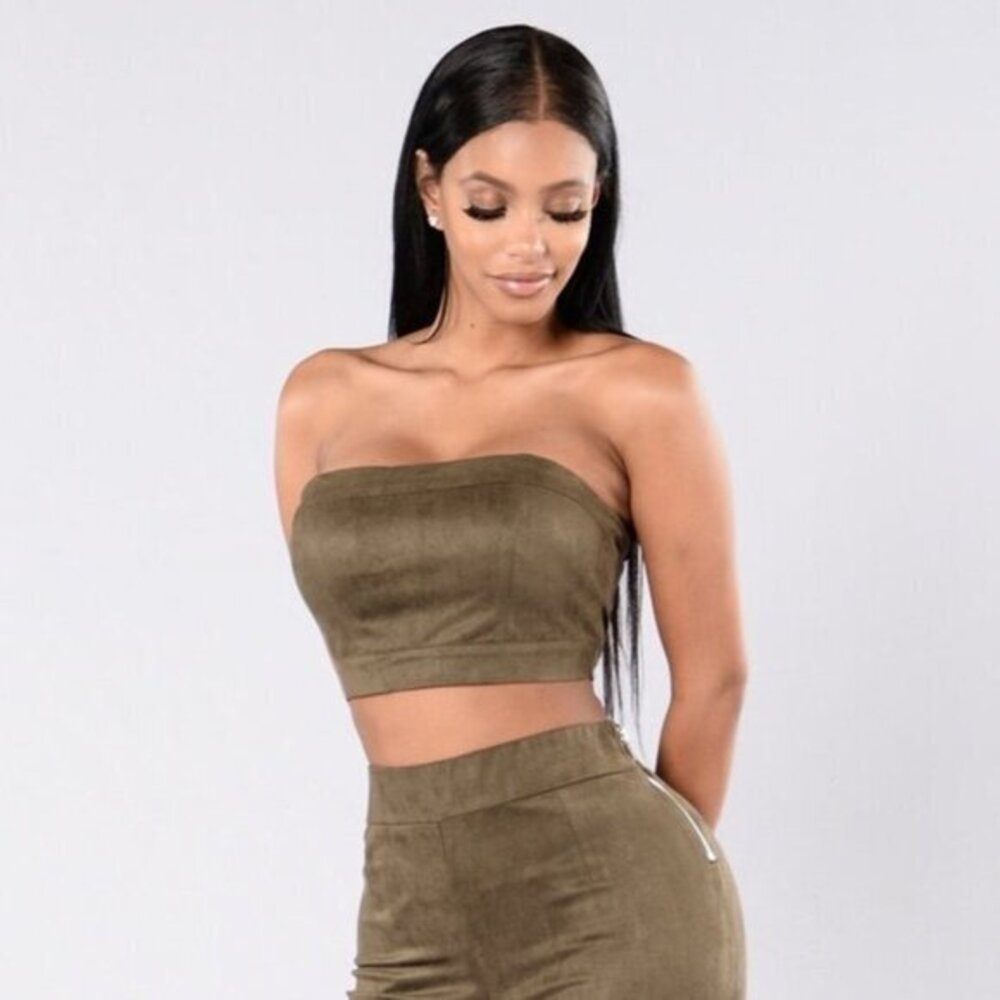 Fashion Nova Bandeau Tube Crop Top Olive Green Suede Size Medium festival boho